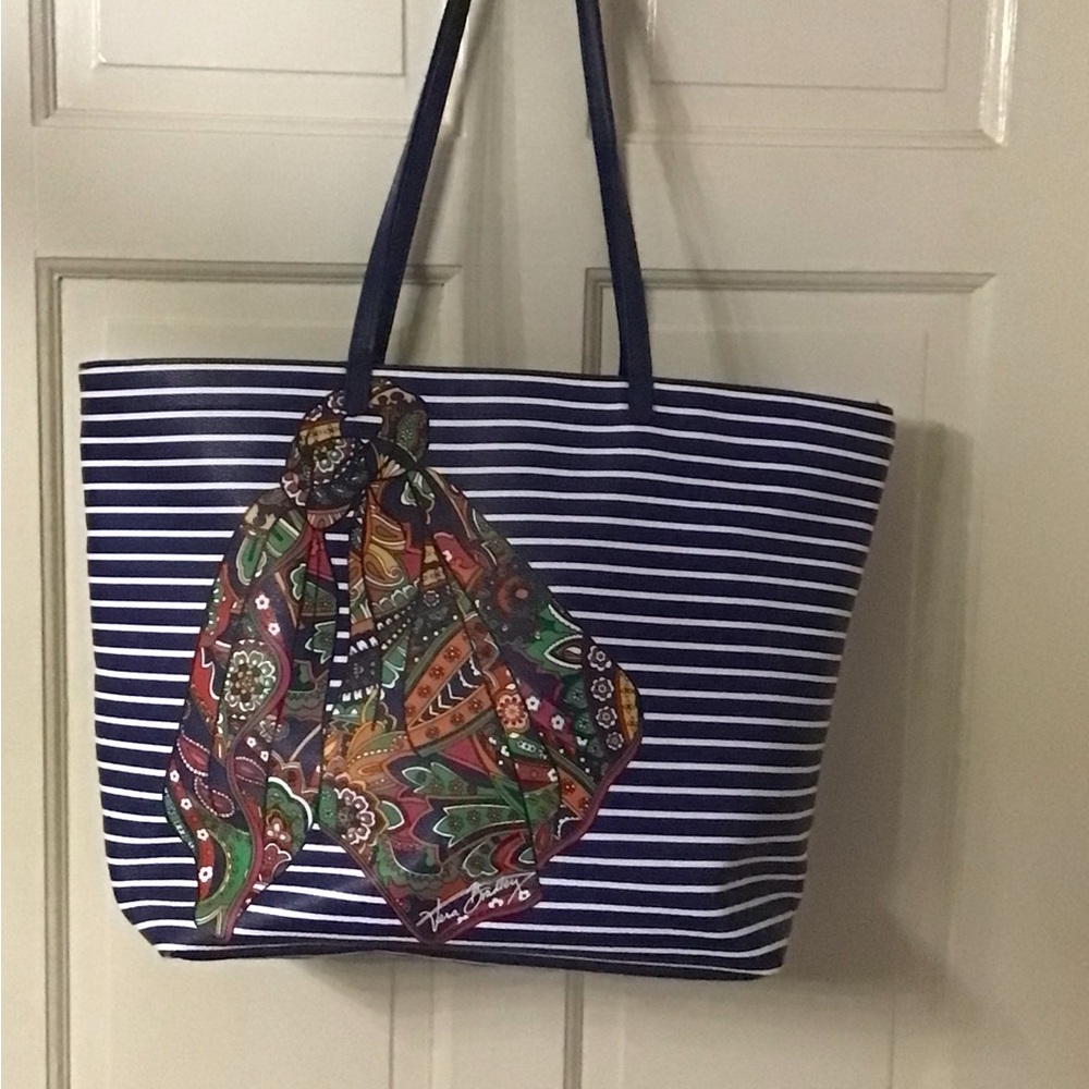 Vera Bradley Navy Striped Extra Large Beach Tote with Paisley Scarf Print